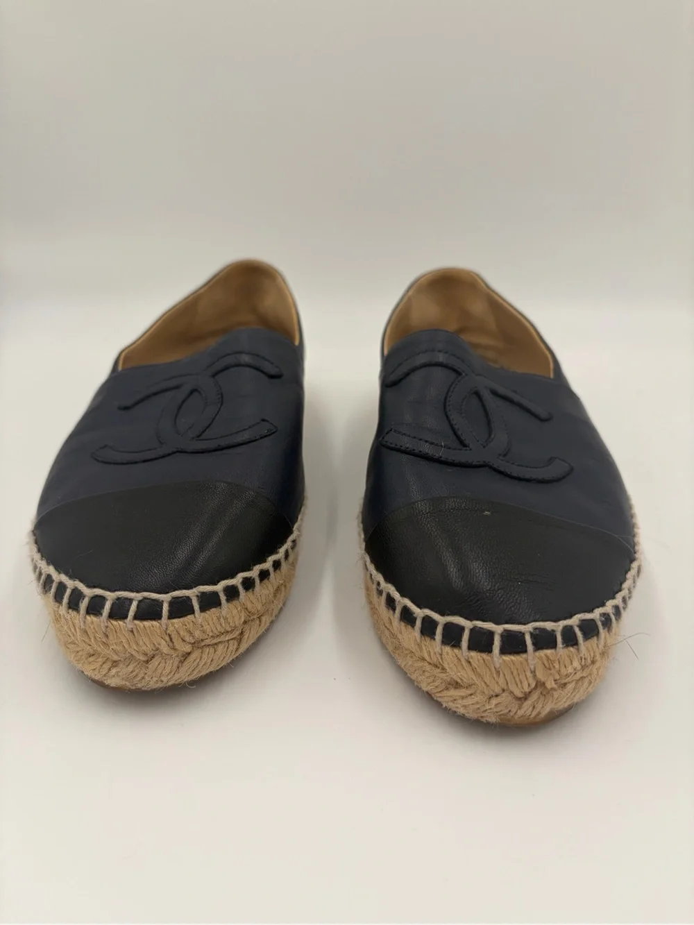 CHANEL Navy and Black  Leather Espadrille Loafer with CC Logo size 37 US 6.5